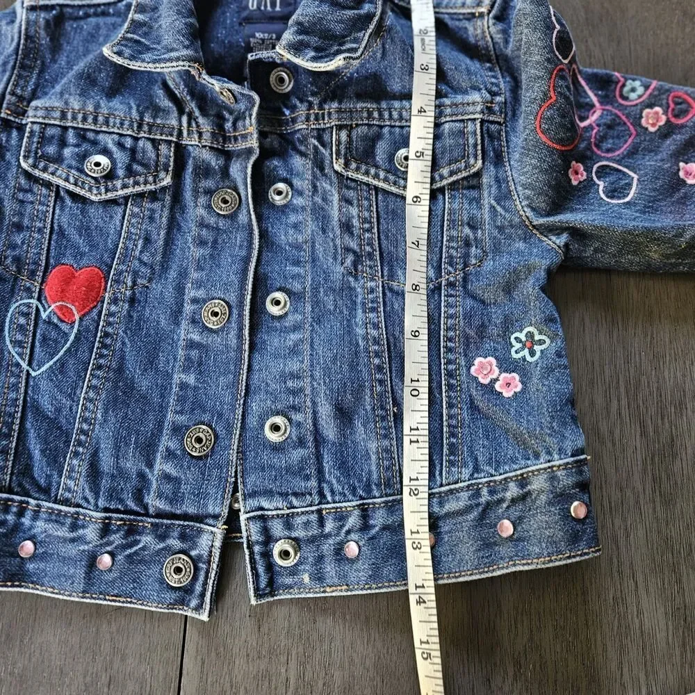 GAP Kids Jean Jacket Girls Size XXS 3 Embroidered Hearts Love Rhinestones